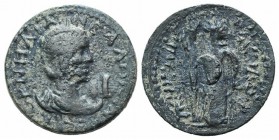 Salonina (Augusta, 254-268). Pamphylia, Perge. Æ 10 Assaria (30mm, 14.59g, 12h). Diademed and draped bust r., set on crescent. R/ Artemis standing r.,...
