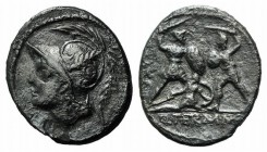 Q. Minucius Thermus M. f. Roma, 103 BC. AR Denarius (19mm, 3.64g, 12h) Helmeted bust of Mars l. R/ Two warriors in combat, one on l. protecting a fall...