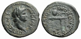 Nero (54-68). Æ Semis (17mm, 3.46g, 6h). Rome, c. AD 64. Laureate head r. R/ Table bearing urn and wreath; on front of l. panel, two gryphons standing...