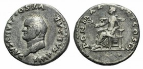 Vespasian (69-79). AR Denarius (16mm, 3.24g, 6h). Rome, AD 75. Bare head l. R/ Pax seated l., resting l. elbow on throne and holding branch. RIC II 77...