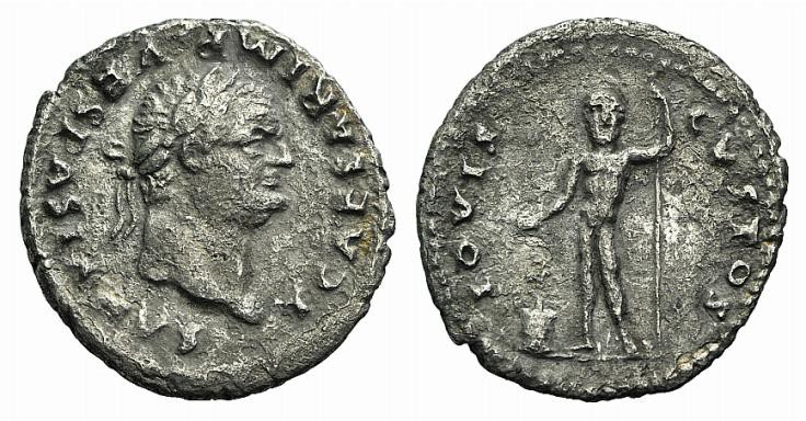 Titus (Caesar, 75-79). AR Denarius (19mm, 2.25g, 6h). Laureate head r. R/ Jupite...