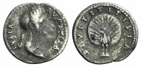 Julia Titi (Augusta, 79-89). AR Denarius (18mm, 2.63g, 6h). Draped bust r. R/ Peacock facing with tail spread. RIC II 218 (Domitian); RSC –. Very Rare...