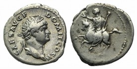 Domitian (Caesar, 69-81). AR Denarius (17mm, 3.17g, 12h). Rome, 73-5. Laureate head r. R/ Domitian on horseback, rearing l., raising hand and holding ...