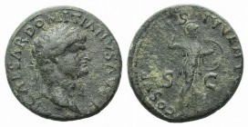 Domitian (Caesar, 69-81). Æ (25mm, 7.44g, 1h). Ephesus (?), 77-8. Laureate head r. R/ Minerva advancing r., holding spear and shield. RIC II 1517 (Ves...