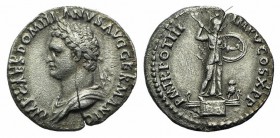 Domitian (81-96). AR Denarius (19mm, 3.10g, 6h). Rome, AD 84. Laureate and draped bust l. R/ Minerva fighting r., with spear and shield atop capital o...