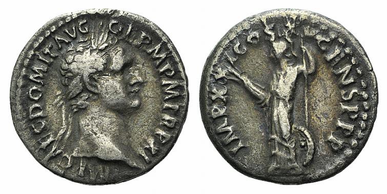 Domitian (81-96). AR Denarius (17mm, 3.23g, 6). Rome, AD 91. Laureate head r. R/...