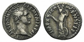 Domitian (81-96). AR Denarius (17mm, 3.23g, 6). Rome, AD 91. Laureate head r. R/ Minerva standing l., holding thunderbolt and spear; shield at feet to...