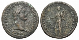 Domitian (81-96). Æ As (27mm, 10.02g, 6h). Rome, AD 86. Laureate head r. R/ Moneta standing l., holding scales and cornucopiae. RIC II 335. Brown tone...