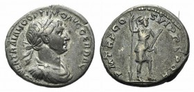 Trajan (98-117). AR Denarius (17mm, 3.34g, 6h). Rome, c. 104-7. Laureate, draped and cuirassed bust r. R/ Virtus standing r., with foot on helmet, hol...
