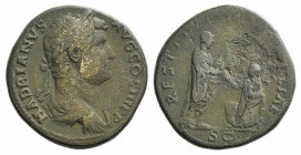 Hadrian (117-138). Æ Sestertius (31mm, 22.93g, 6h). Rome, 134-8. Laureate and draped bust r. R/ Hadrian standing r., raising kneeling Gaul by hand. RI...