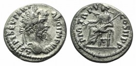 Septimius Severus (193-211). AR Denarius (17mm, 2.42g, 12h). Laodicea, 196-197. Laureate head r. R/ Pax seated l., holding olive branch and sceptre. R...