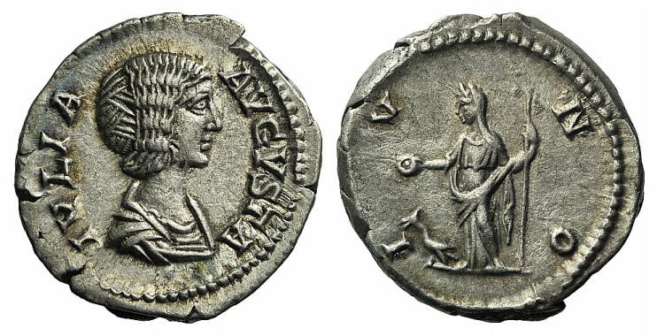 Julia Domna (Augusta, 193-217). AR Denarius (18mm, 3.36g, 6h). Rome, 200-211. Dr...