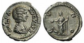 Julia Domna (Augusta, 193-217). AR Denarius (18mm, 3.36g, 6h). Rome, 200-211. Draped bust r. R/ Juno standing l., holding patera and sceptre; peacock ...