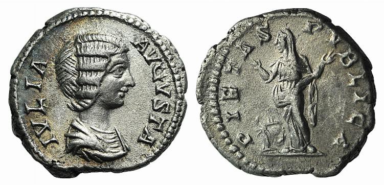 Julia Domna (Augusta, 193-217). AR Denarius (17mm, 3.41g, 12h). Rome, AD 203. Dr...