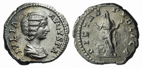 Julia Domna (Augusta, 193-217). AR Denarius (17mm, 3.41g, 12h). Rome, AD 203. Draped bust r. R/ Pietas standing l., raising both hands; in l. field, a...