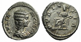 Julia Domna (Augusta, 193-217). AR Denarius (19mm, 3.31g, 6h). Rome, c. 207-211. Draped bust r. R/ Pudicitia seated l. on throne, head facing, holding...