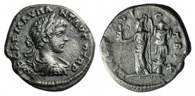 Caracalla (198-217). AR Denarius (17mm, 3.31g, 12h). Rome, AD 198. Laureate, draped, and cuirassed bust r. R/ Minerva standing l., holding Victory and...