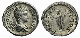 Caracalla (198-217). AR Denarius (17mm, 3.21g, 6h). Rome, AD 203. Laureate and draped bust r. R/ Roma standing l., holding Victory and reverse spear. ...