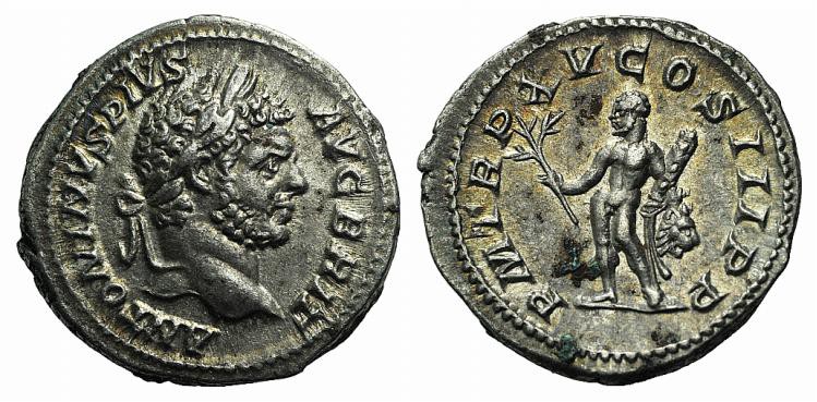 Caracalla (198-217). AR Denarius (19mm, 3.15g, 6h). Rome, AD 212. Laureate head ...