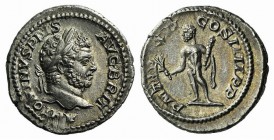 Caracalla (198-217). AR Denarius (19mm, 3.46g, 6h). Rome, AD 213. Laureate head r. R/ Hercules standing facing, head l., holding branch and club, lion...