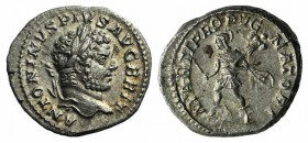 Caracalla (198-217). AR Denarius (18mm, 3.20g, 12h). Rome, 212-3. Laureate head r. R/ Mars advancing l., holding spear and trophy. RIC IV 223; RSC 150...