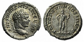Caracalla (198-217). AR Denarius (18mm, 3.09g, 12h). Rome, AD 216. Laureate head r. R/ Jupiter standing half r., head l., holding thunderbolt and scep...