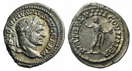 Caracalla (198-217). AR Denarius (17mm, 3.25g, 6h). Rome, AD 216. Laureate head r. R/ Sol standing front, head l., raising hand and holding globe. RIC...