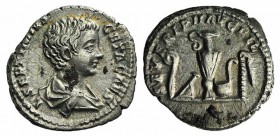Geta (Caesar, 198-209). AR Denarius (16mm, 3.68g, 12h). Rome, 198-200. Bareheaded and draped bust r. R/ Emblems of the pontificate: lituus, secespita,...