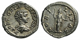 Geta (Caesar, 198-209). AR Denarius (17mm, 3.83g, 6h). Rome, 200-5. Bareheaded and draped bust r. R/ Nobilitas standing r., holding sceptre and pallad...