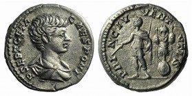Geta (Caesar, 198-209). AR Denarius (17mm, 3.66g, 12h). Rome, 200-5. Bareheaded and draped bust r. R/ Geta standing l., holding baton and sceptre; tro...