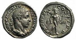 Severus Alexander (222-235). AR Denarius (17mm, 2.78g, 12h). Rome, AD 226. Laureate and draped bust r. R/ Mars advancing r., holding trophy and spear....
