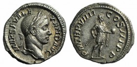 Severus Alexander (222-235). AR Denarius (18mm, 3.22g, 1h). Rome, AD 230. Laureate head r. R/ Emperor standing r. in military dress, holding transvers...