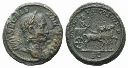 Severus Alexander (222-235). Æ As (25mm, 13.53g, 12h). Rome, AD 229. Draped and laureate bust r. R/ Emperor driving triumphal quadriga r., holding eag...