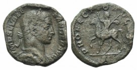 Severus Alexander (222-235). Æ As (23mm, 9.51g, 12h). Rome, 231-235. Draped and laureate bust r. R/ Emperor on horse-back l., raising r. hand and hold...