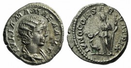 Julia Mamaea (Augusta, 222-235). AR Denarius (17mm, 3.31g, 6h). Rome, AD 222. Draped bust r. R/ Juno standing slightly l., holding patera and sceptre;...