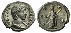 Julia Mamaea (Augusta, 222-235). AR Denarius (18mm, 3.38g, 1h). Rome, AD 226. Diademed and draped bust r. R/ Vesta standing l., holding patera and sce...