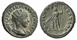 Gordian III (238-244). AR Antoninianus (20mm, 5.41g, 6h). Rome, AD 238. Radiate, draped and cuirassed bust r. R/ Jupiter standing l., holding thunderb...