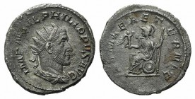 Philip I (244-249). AR Antoninianus (22mm, 3.78g, 6h). Rome, 246-7. Radiate, draped and cuirassed bust r. R/ Roma seated l. on shield, holding Victory...