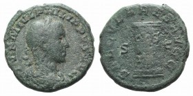 Philip II (247-249). Æ As (24mm, 9.72g, 6h). Rome, AD 249. Laureate, draped, and cuirassed bust r. R/ Low column inscribed. RIC IV 265b.Green patina, ...