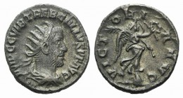 Trebonianus Gallus (251-253). Antoninianus (20mm, 3.50g, 6h). Antioch, 251-3. Radiate, draped and cuirassed bust r. R/ Victory standing r. on globe, h...
