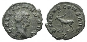 Gallienus (253-268). Antoninianus (20mm, 2.99g, 2h). Rome, 267-8. Radiate head r. R/ Stag standing l.; XII. RIC V 179; RSC 160. VF