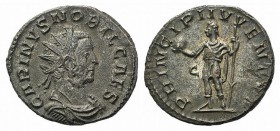 Carinus (Caesar, 282-283). Radiate (20mm, 3.79g, 6h). Lugdunum, AD 282. Radiate, draped and cuirassed bust r. R/ Carinus standing l., holding globe an...