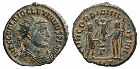 Diocletian (284-305). Radiate (18mm, 3.34g, 12h). Antioch, AD 296. Radiate, draped and cuirassed bust r. R/ Emperor standing r., receiving globe surmo...
