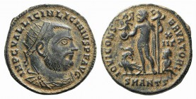 Licinius I (308-324). Æ Follis (17mm, 3.31g, 6h). Cyzicus, 321-3. Radiate, draped and cuirassed bust r. R/ Jupiter standing l., holding globe surmount...