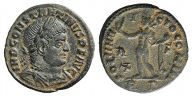 Constantine I (307/310-337). Æ Follis (18mm, 3.07g, 6h). Rome, 314-5. Laureate, draped and cuirassed bust r. R/ Sol standing l. holding globe and rais...
