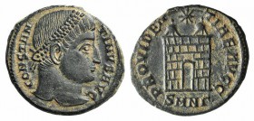 Constantine I (307/310-337). Æ Follis (17mm, 3.34g, 12h). Nicomedia, 328-9. Diademed head r. R/ Camp-gate with two turrets; star above; SMNΓ. RIC VII ...