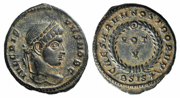Crispus (Caesar, 316-326). Æ Follis (18mm, 3.34g, 1h). Siscia, 320-1. Laureate h...