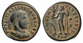 Crispus (Caesar, 316-326). Æ Follis (19mm, 2.78g, 12h). Nicomedia, 317-320. Laureate and draped bust r. R/ Jupiter standing l., holding Victory on glo...