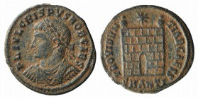 Crispus (Caesar, 316-326). Æ Follis (18mm, 3.25g, 5h). Antioch, 324-5. Laureate, draped and cuirassed bust l. R/ Camp-gate with two turrets, star abov...