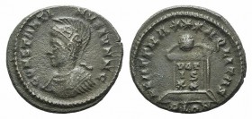 Constantine II (Caesar, 316-337). Æ Follis (18mm, 3.28g, 6h). Londinium, 323-4. Cuirassed bust left, wearing crested helmet / Globe on altar inscribed...